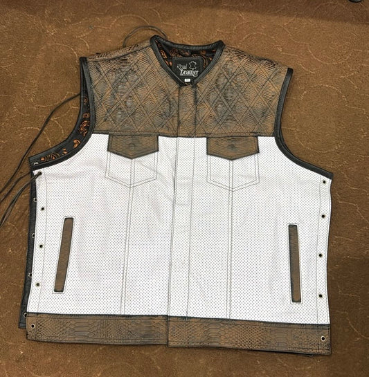 Wild Wanderers Brown & White Laced-Up Perforated Crocodile Leather Vest – Biker’s Luxe Armor for the Open Road