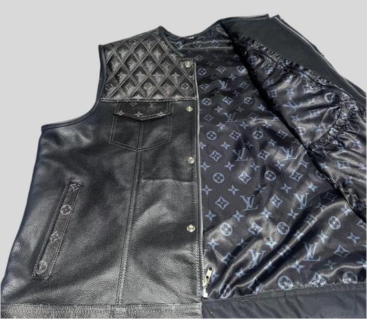 Black Leather Vest with Grey LV Pattern- Premium Quality