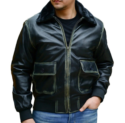 Men’s Vintage Distressed Sheepskin Leather Bomber Jacket wih Shearling Collar