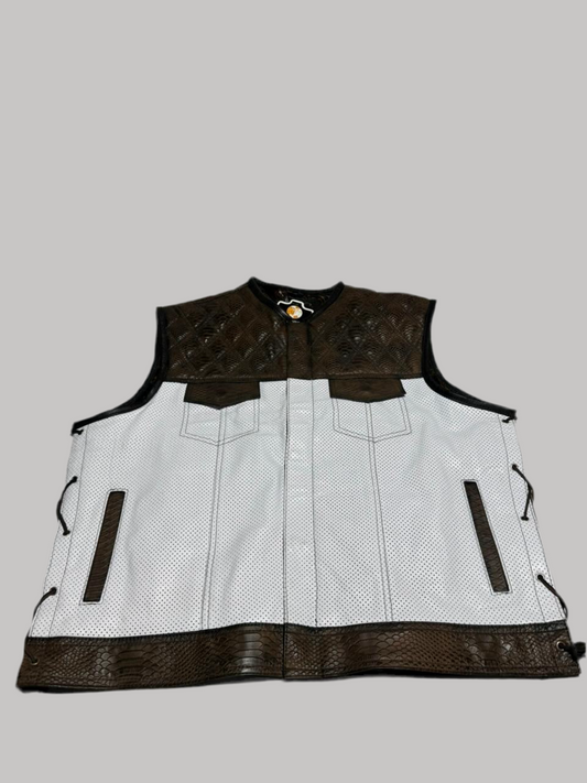 Wild Wanderers Brown & White Laced-Up Perforated Crocodile Leather Vest – Biker’s Luxe Armor for the Open Road