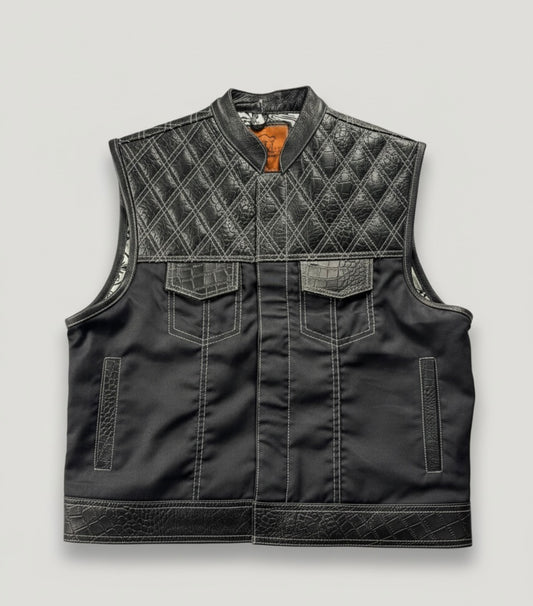 WW Black Gator Leather and Denim Motorcycle Vest