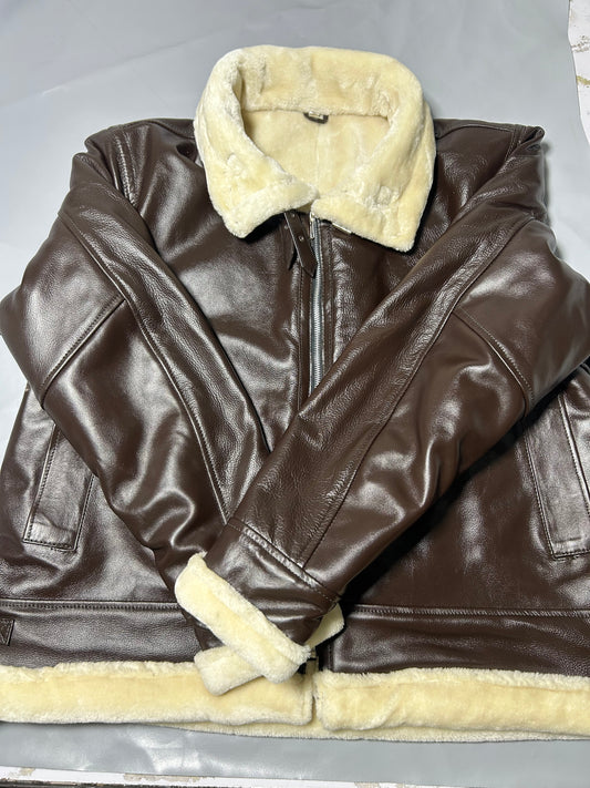 Men's Genuine Brown B-3 Aviator Bomber Jacket with Cream Shearling