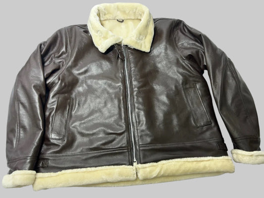 Men's Genuine Brown B-3 Aviator Bomber Jacket with Cream Shearling