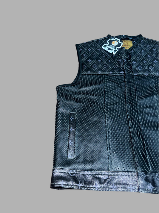 Branded Perforated black Motorcycle Leather Vest