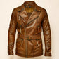 Men's Cognac Brown Belted Genuine Leather Motorcycle Jacket