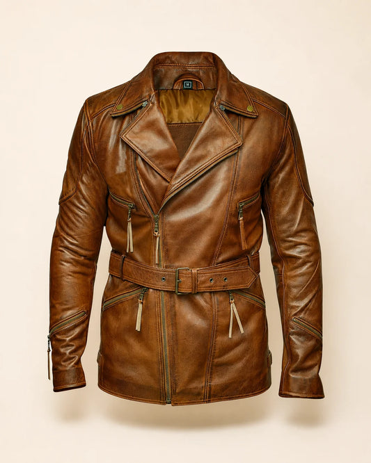Men's Cognac Brown Belted Genuine Leather Motorcycle Jacket
