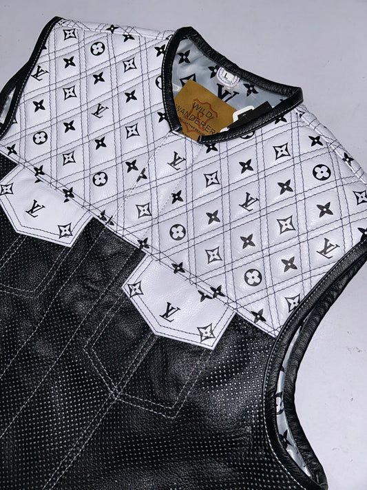 Branded White Diamond Quilted with Black Perforated Leather vest