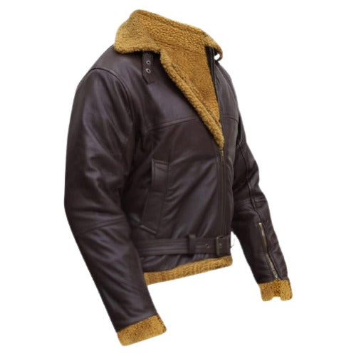 Men's Brown B3 Bomber Jacket - Real Shearling Fur Shearling Flight Aviator Winter Jacket