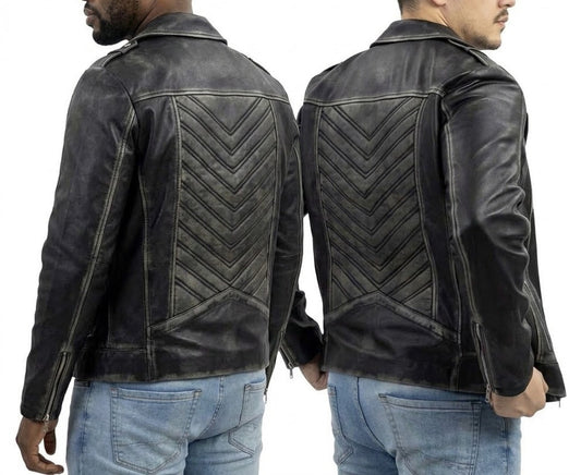 Men's Vintage Distressed Black Leather Biker Jacket