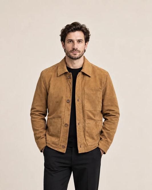 Men’s Tan Suede Leather Chore Jacket | Genuine Sheepskin Suede Field Coat with Patch Pockets
