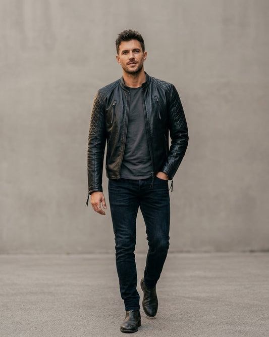 Men's Black Real Leather Biker Jacket - Diamond Quilted Shoulder Cafe Racer Leather Jacket