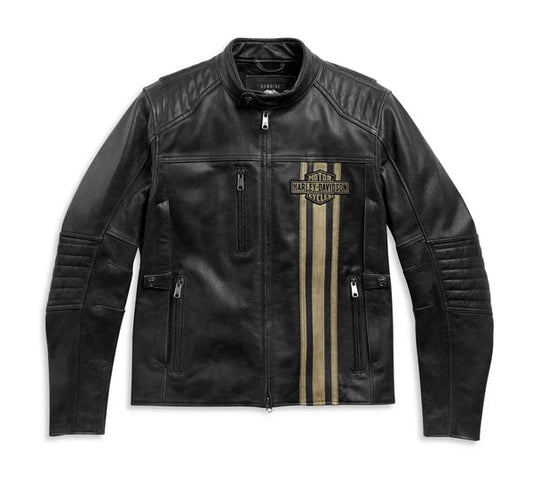 WW Harley Davidson Mens Black Leather Cafe Racer Jacket Vintage Motorcycle Jacket with Gold Stripes and Quilted Accents