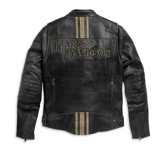 WW Harley Davidson Mens Black Leather Cafe Racer Jacket Vintage Motorcycle Jacket with Gold Stripes and Quilted Accents