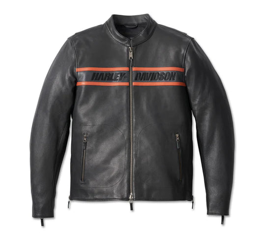 WW Mens Black Leather Harley Davidson Motorcycle Jacket with Orange and Grey Racing Stripe Vintage Biker Jacket