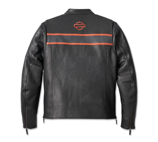WW Mens Black Leather Harley Davidson Motorcycle Jacket with Orange and Grey Racing Stripe Vintage Biker Jacket