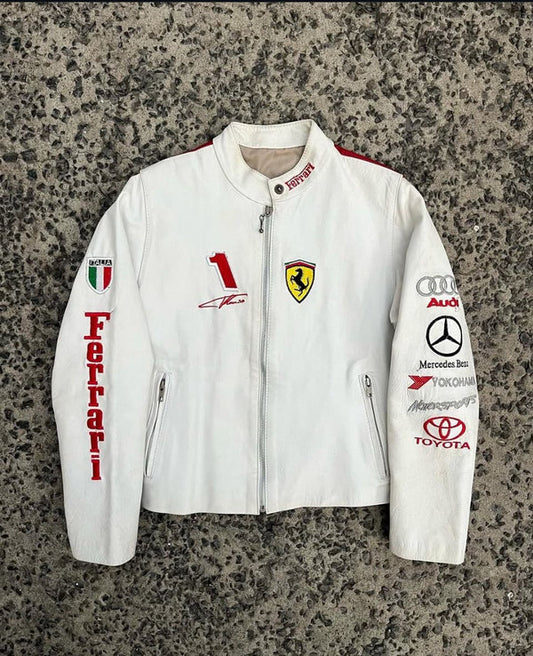 WW Exclusive White and Red Genuine Leather Ferrari Motorsport Racing Jacket Multi Sponsor Edition