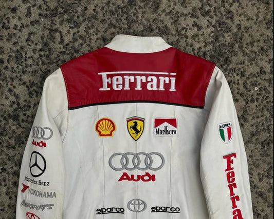 WW Exclusive White and Red Genuine Leather Ferrari Motorsport Racing Jacket Multi Sponsor Edition