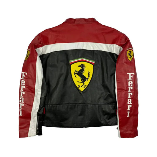 WW Ferrari F1 Racing Leather Jacket Black Red White Motorsport Jacket with Logos
