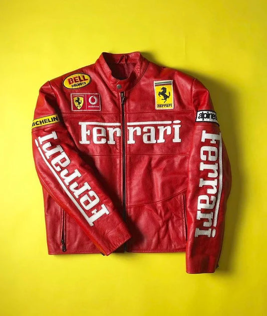WW Ferrari Racing Leather Jacket 100 Percent Genuine Cowhide F1 Inspired Streetwear
