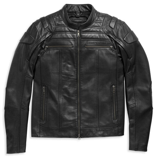WW Harley Davidson Mens Black Leather Biker Jacket Quilted Shoulders Sleek Minimalist Design