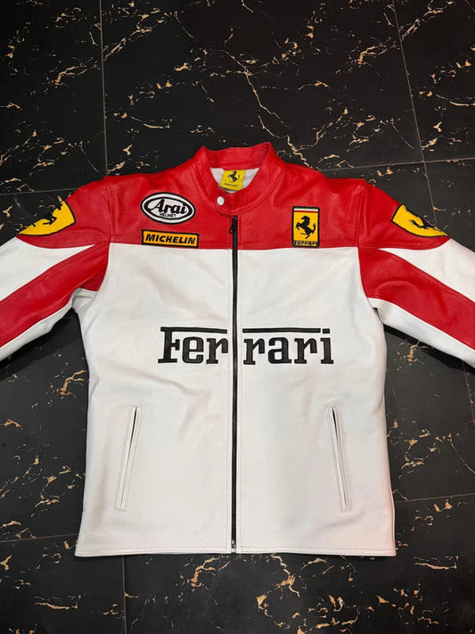 WW Ferrari Red & White Racing Leather Jacket - 100% Genuine Leather - Arai & Michelin Embroidered Edition