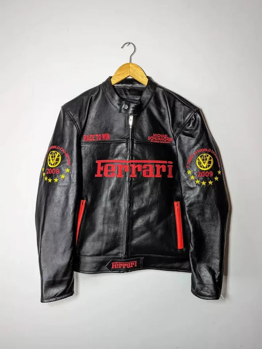 WW Ferrari Michael Schumacher Racing Jacket 100% Genuine Leather F1 Moto Streetwear (2009 Edition)