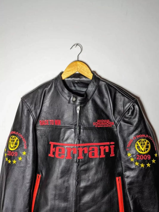 WW Ferrari Michael Schumacher Racing Jacket 100% Genuine Leather F1 Moto Streetwear (2009 Edition)