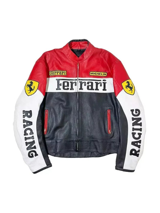 WW Ferrari Racing Leather Biker Jacket - Red, Black & White