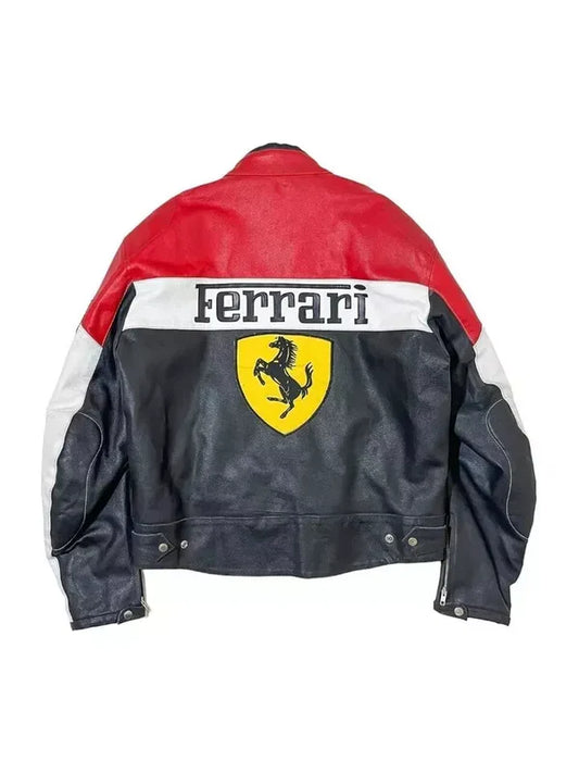 WW Ferrari Racing Leather Biker Jacket - Red, Black & White