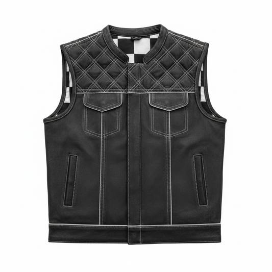 White Checker Club Style Motorcycle Leather Vest