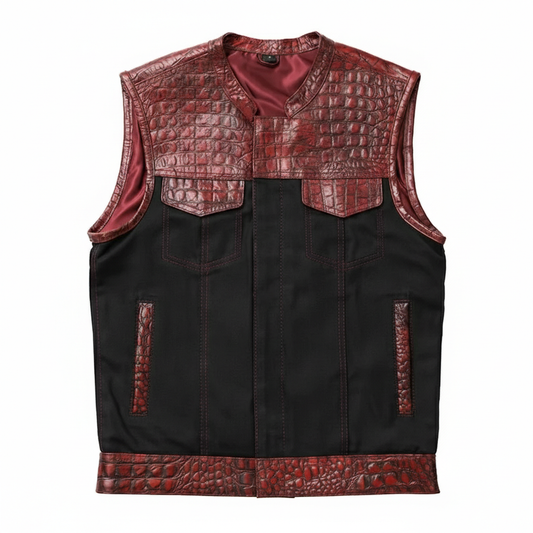 Leather Vest ,Crocodile Plated Leather Red Wax Motorcycle Men's Vest Denim Vest Black Vest