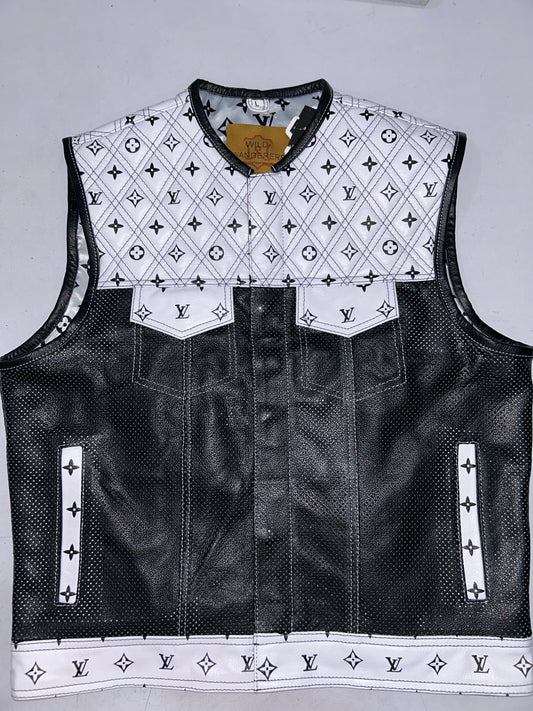 Branded White Diamond Quilted with Black Perforated Leather vest