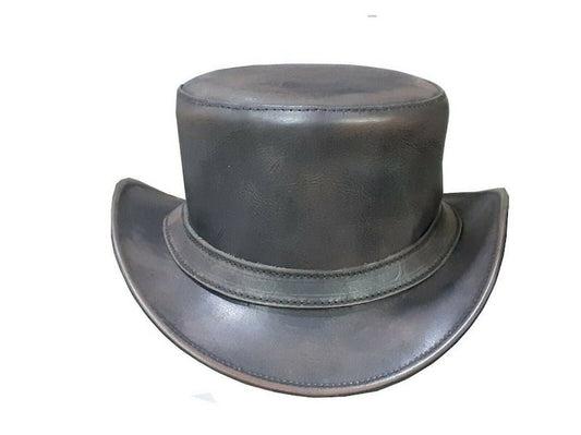 Distress brown wax leather steampunk biker top hat motorcycle wear. Black Hat Biker Hat, Cowboy Hat