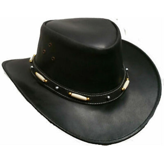 Black Leather Cowboy Hat, Australian Outback Hat With Wide Brim And Beaded Band. make one description for one title